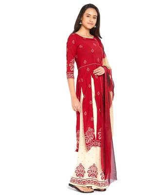 Red Screen Print Crepe Unstitched Salwar With Dupatta 2