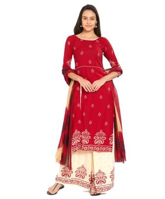 Red Screen Print Crepe Unstitched Salwar With Dupatta 1