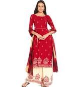 Red Screen Print Crepe Unstitched Salwar With Dupatta