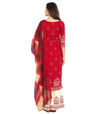 Red Screen Print Crepe Unstitched Salwar With Dupatta 3