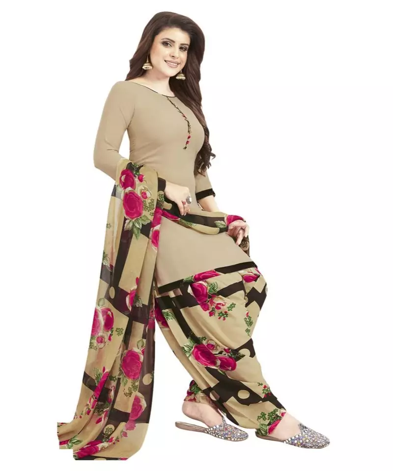 Beige Floral Print Synthetic Unstitched Salwar With Dupatta