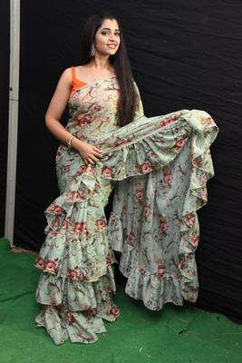 Olive printed georgette saree with blouse 1