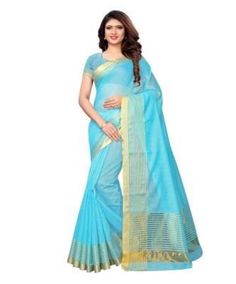 turquoise woven cotton silk saree with blouse 1