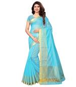 turquoise woven cotton silk saree with blouse