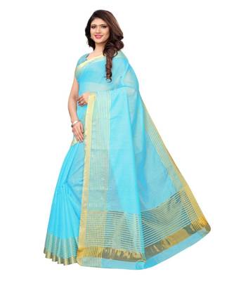 turquoise woven cotton silk saree with blouse 2