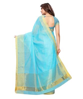 turquoise woven cotton silk saree with blouse 4