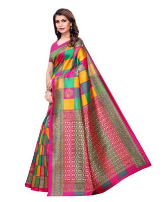 multicolor printed art silk saree with blouse 2