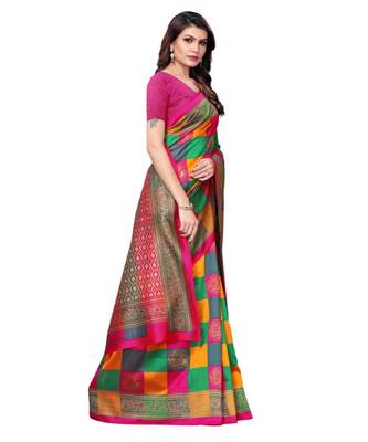 multicolor printed art silk saree with blouse 3