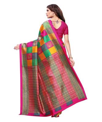 multicolor printed art silk saree with blouse 4