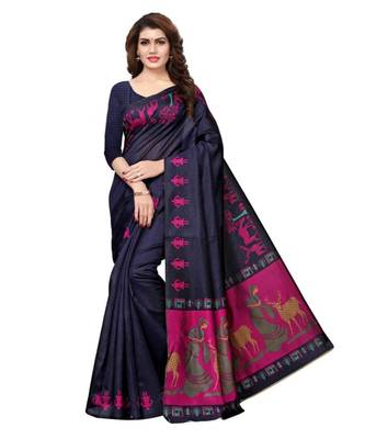 blue printed art silk saree with blouse 1