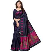 blue printed art silk saree with blouse