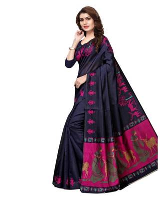 blue printed art silk saree with blouse 2