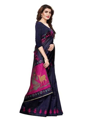 blue printed art silk saree with blouse 3
