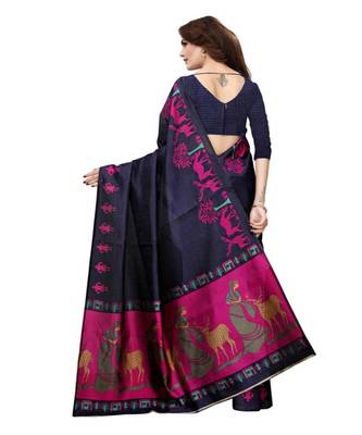 blue printed art silk saree with blouse 4