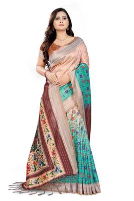 Multicolor Printed Tussar Silk Saree With Blouse 3