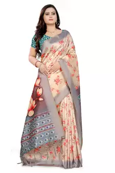 Multicolor Printed Tussar Silk Saree With Blouse