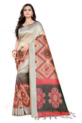 Multicolor Printed Tussar Silk Saree With Blouse 1