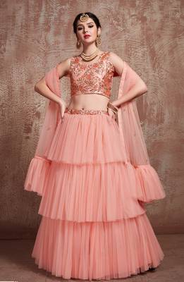 Desiring Peach Embroidered Net Unstitched Lehenga Choli With 1