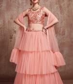 Desiring Peach Embroidered Net Unstitched Lehenga Choli With