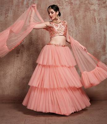 Desiring Peach Embroidered Net Unstitched Lehenga Choli With 2
