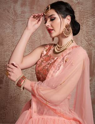 Desiring Peach Embroidered Net Unstitched Lehenga Choli With 3