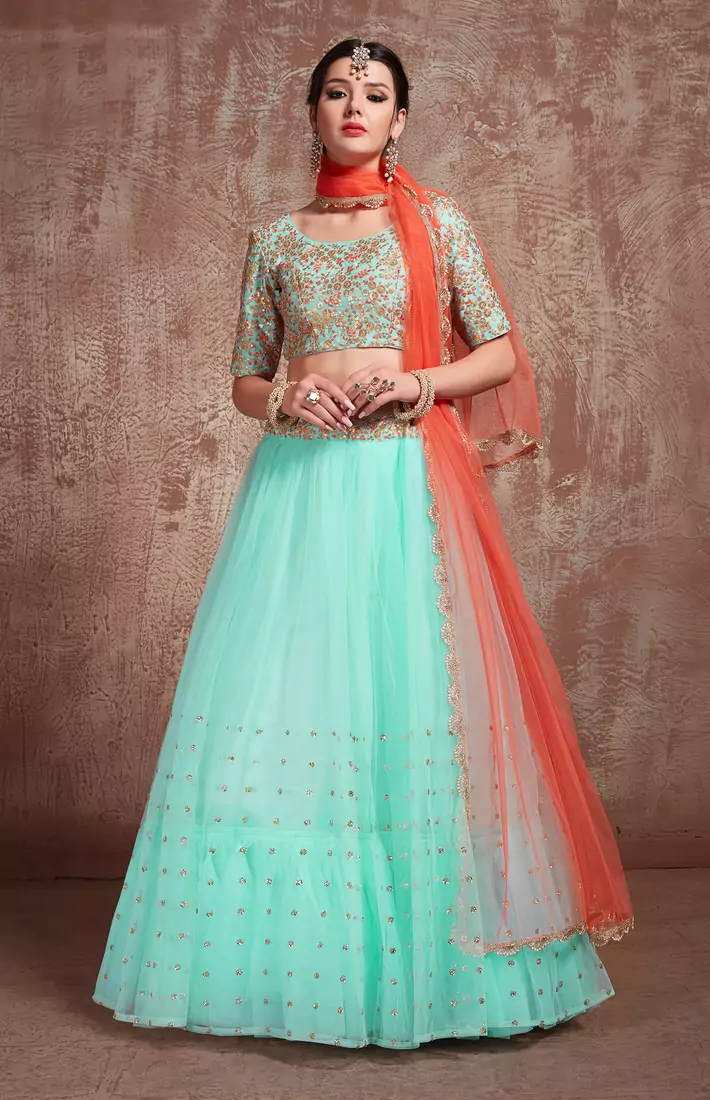 Exquisite Blue Party Wear Sequins Embroidered Net Lehenga Choli