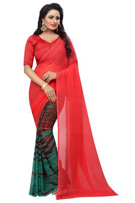 Red printed georgette saree with blouse 1