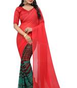 Red printed georgette saree with blouse