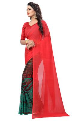 Red printed georgette saree with blouse 3