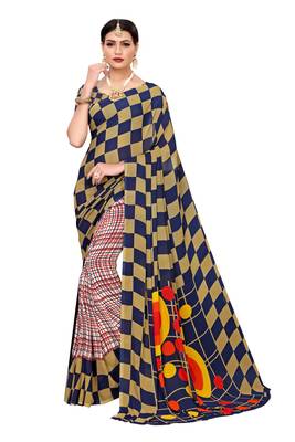 blue printed georgette saree with blouse 1
