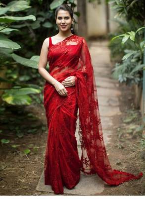 Red woven net saree with blouse 1