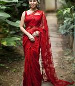 Red woven net saree with blouse