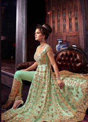 Sea-green embroidered net salwar 2