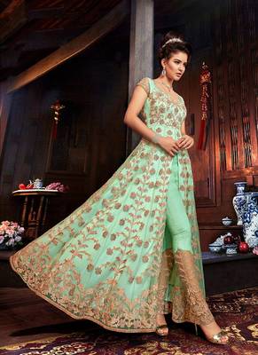 Sea-green embroidered net salwar 4