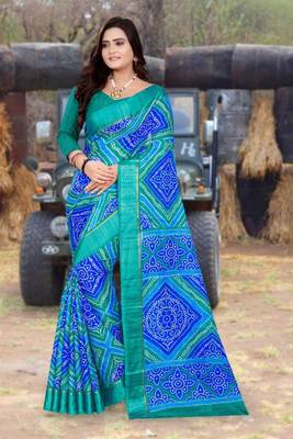 Blue printed net saree with blouse 1