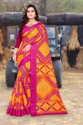 Yellow printed net saree with blouse 1