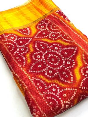Red printed net saree with blouse 2