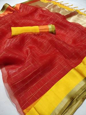 Red printed organza saree with blouse 1