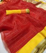 Red printed organza saree with blouse