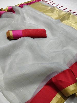 Grey printed organza saree with blouse 1