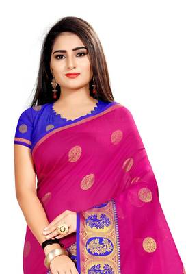 Pink woven cotton silk saree with blouse 5