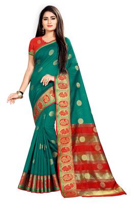 Green woven cotton silk saree with blouse 1