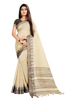 cream woven linen saree with blouse 1