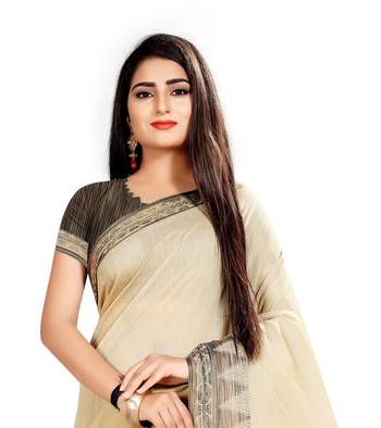 cream woven linen saree with blouse 4