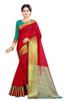 Red woven silk saree with blouse 1