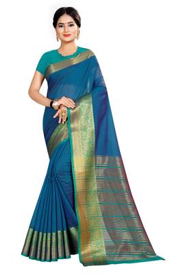 Blue woven silk saree with blouse 1