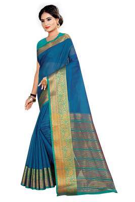 Blue woven silk saree with blouse 2