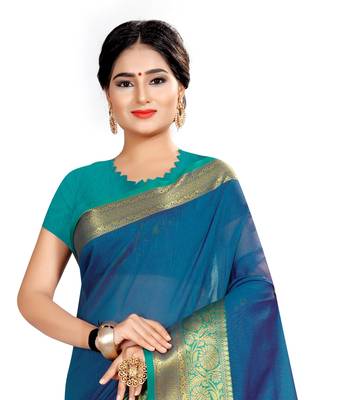 Blue woven silk saree with blouse 4