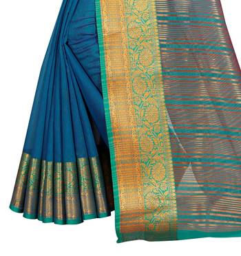 Blue woven silk saree with blouse 5