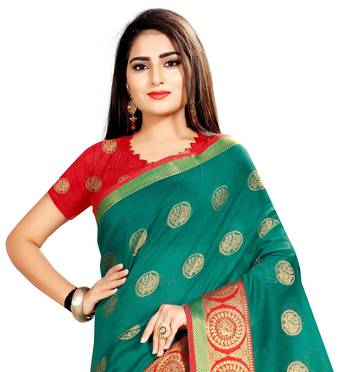 Green woven silk saree with blouse 4